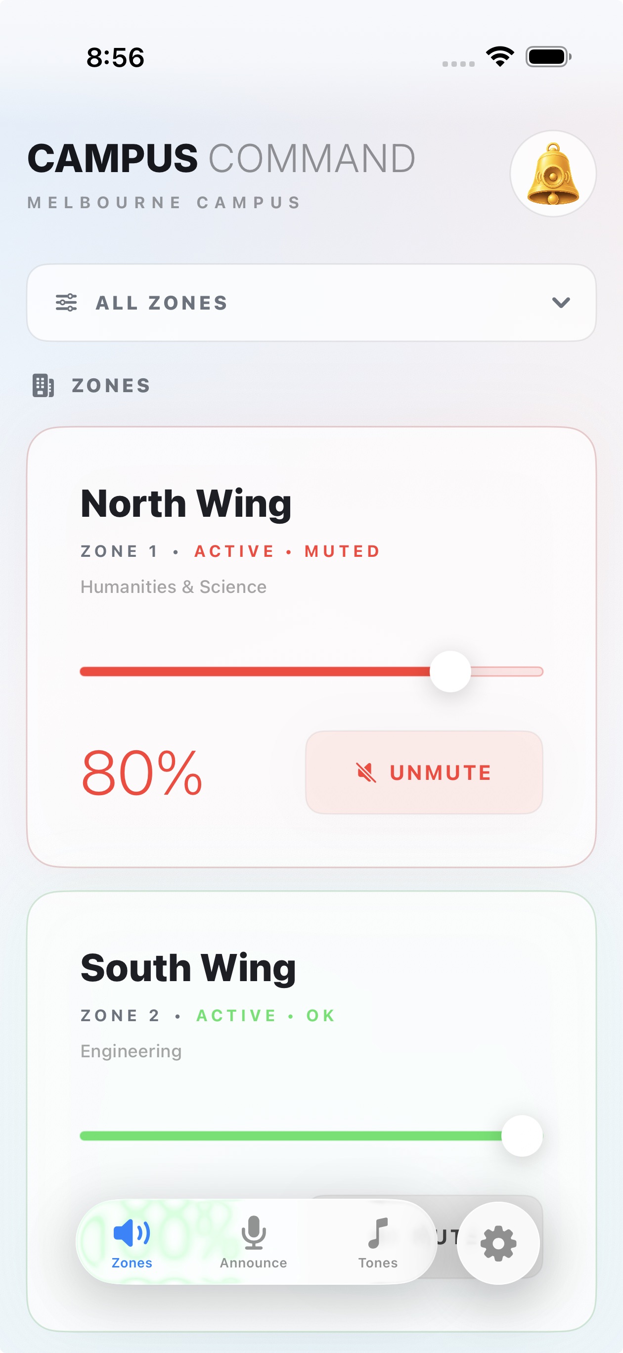 Zones screen with live volume controls