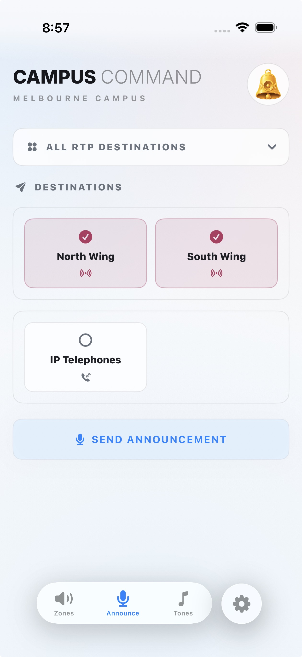 Announce screen selecting destinations