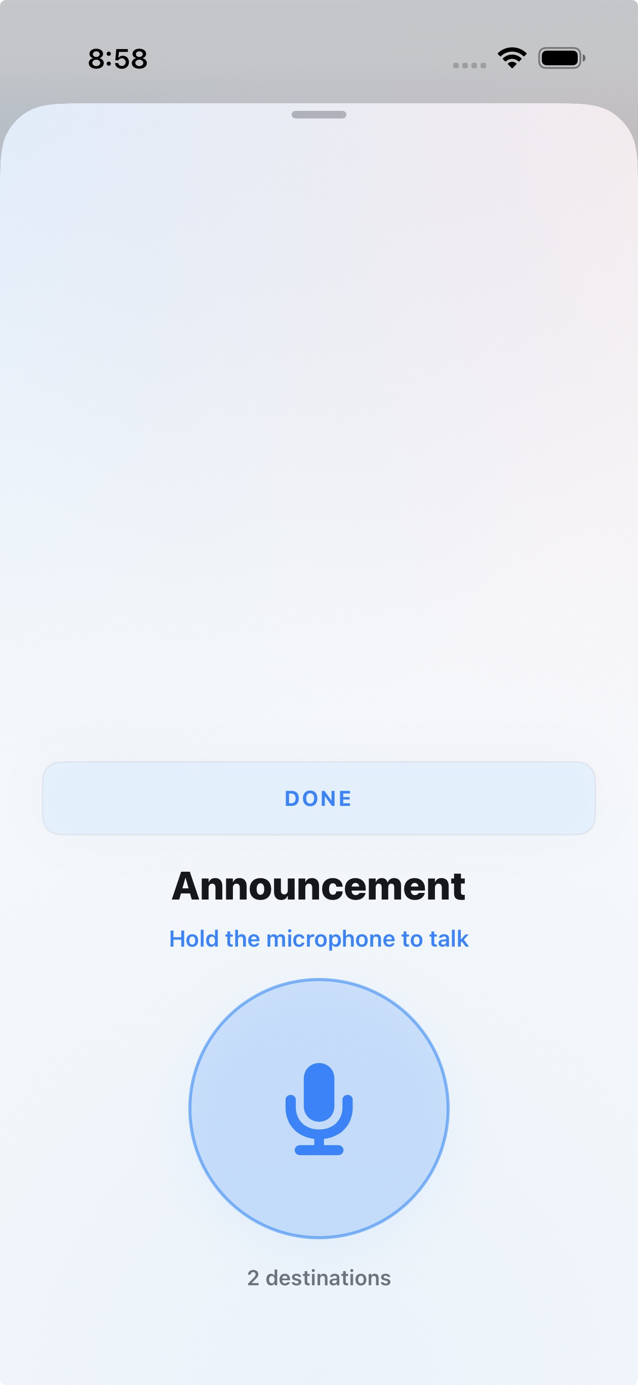 Push-to-talk announcement screen
