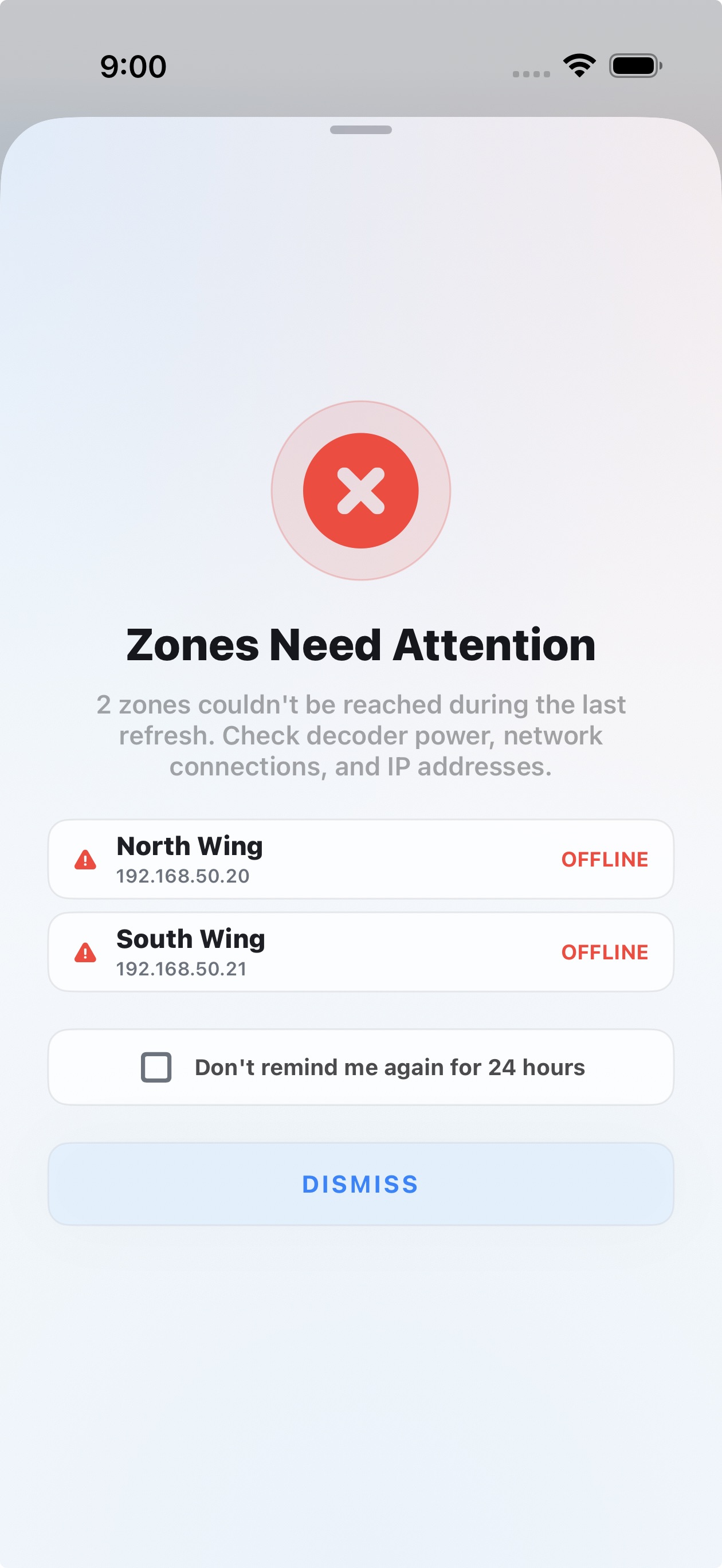 Offline alert listing unreachable zones