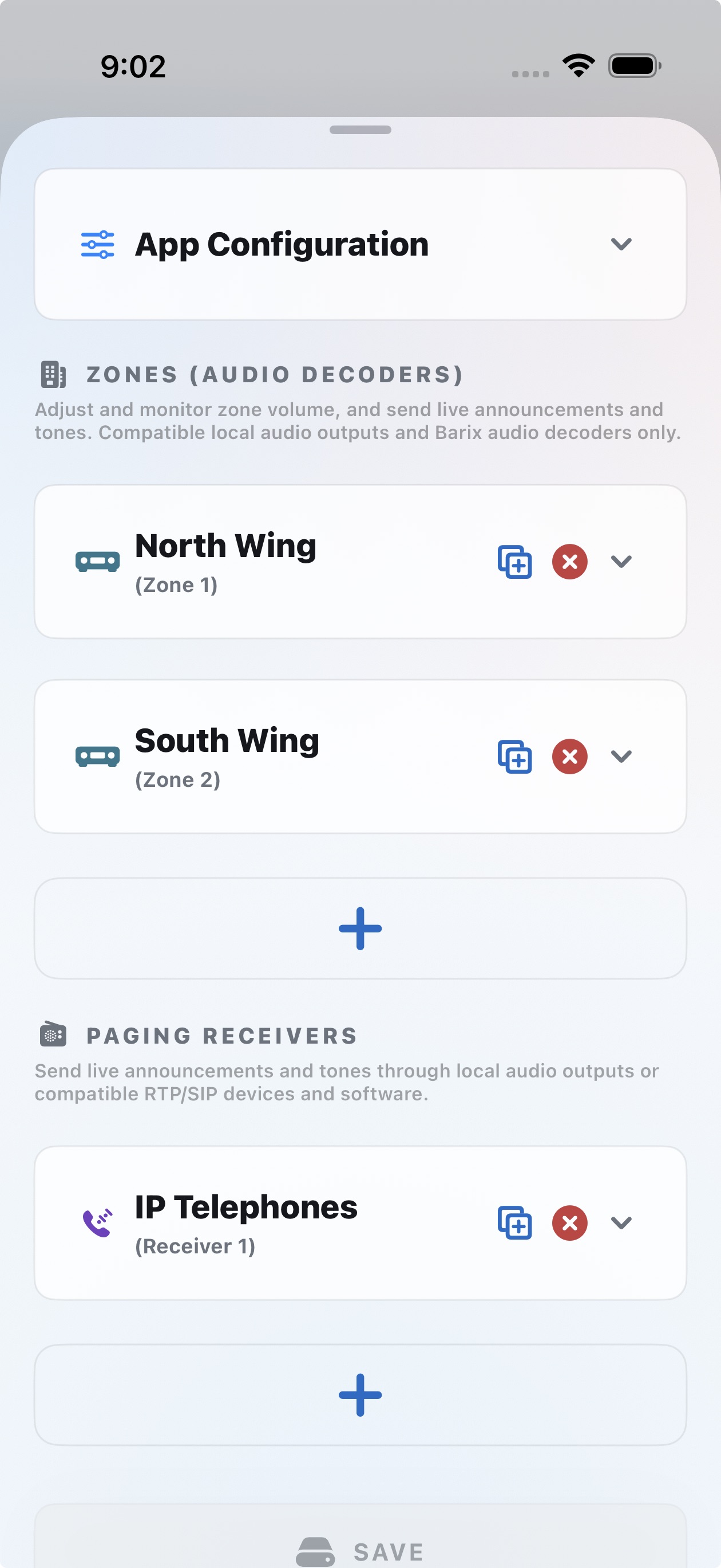 Configuration screen listing zones and paging receivers