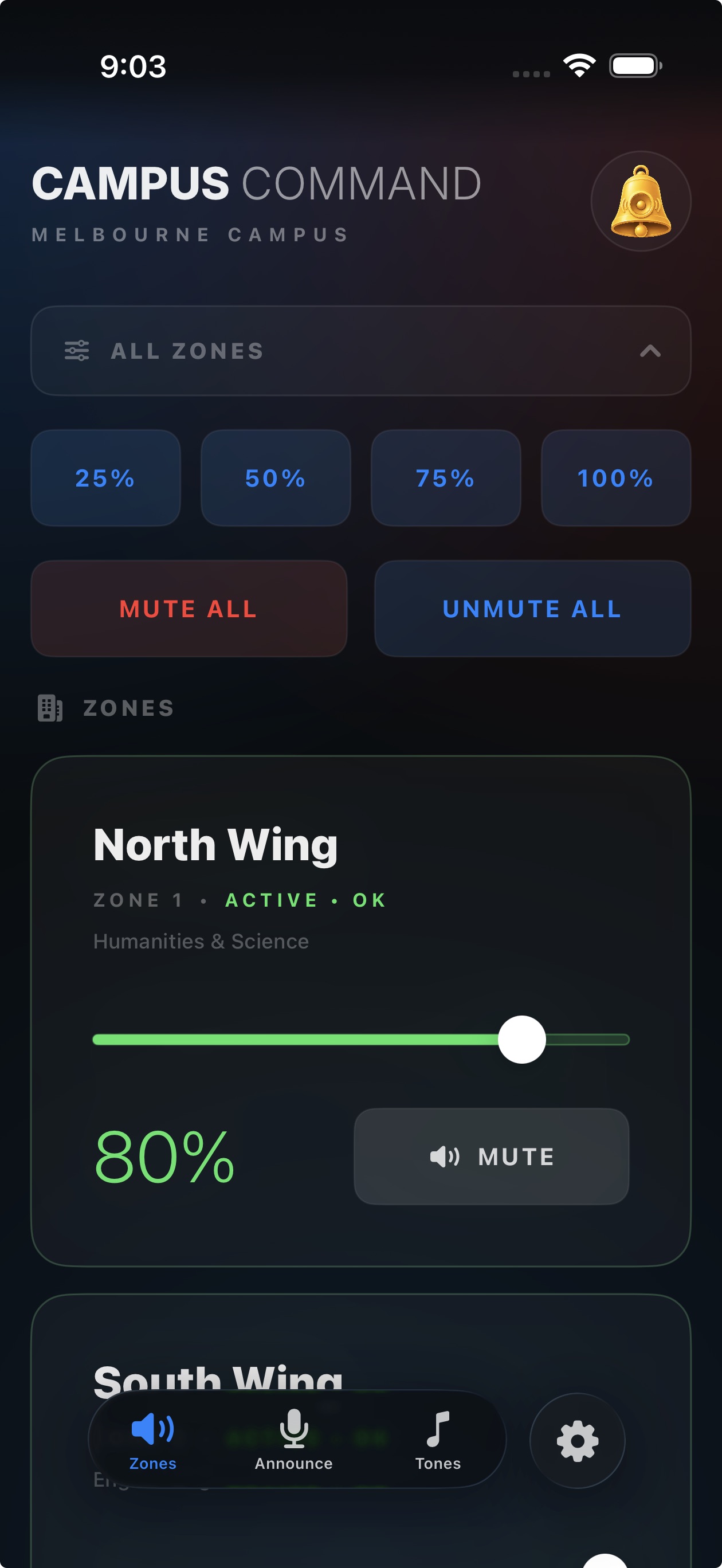 Campus Command on iPhone showing zone volume controls
